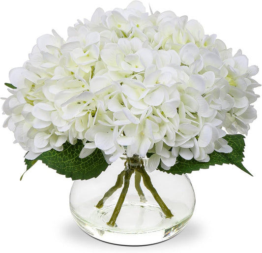 Oairse Hydrangea Artificial Flowers with Vase Silk Fake Hydrangea Flower in Glass Vase with Faux Water Real Touch White Faux Flower Arrangement for Home Bathroom Wedding Table Centerpiece Decoration