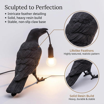 Black Bird Table Lamps Resin Crow Desk Lamp with Bulb E27 Base Modern Raven Art Deco Bedside Decor 3 Pin Plug in Cord Table Lamps for Bedroom, Office, College Dorm [Energy Class A]