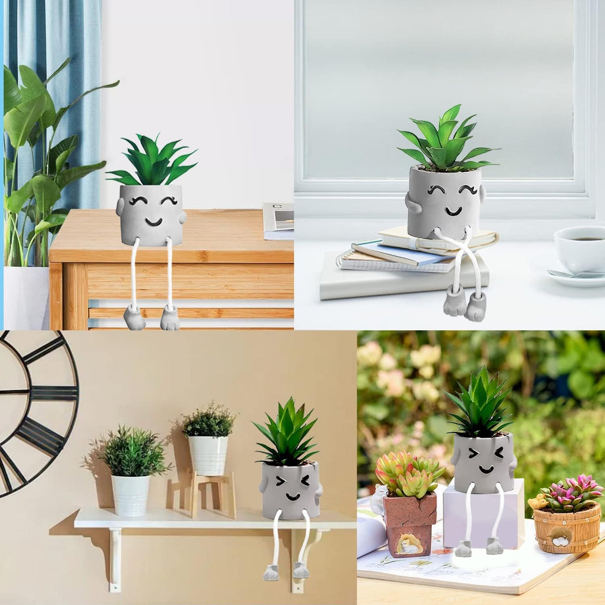 Funvalley Surperfect 2 Pack Cute Artificial Potted Plant Fake Plants Potted with Hanging Leg, Emotional Cement Faux Succulents Potted Plants Decor for Home Office Bookshelf Bathroom Shelf Table Desk