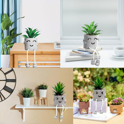 Funvalley Surperfect 2 Pack Cute Artificial Potted Plant Fake Plants Potted with Hanging Leg, Emotional Cement Faux Succulents Potted Plants Decor for Home Office Bookshelf Bathroom Shelf Table Desk