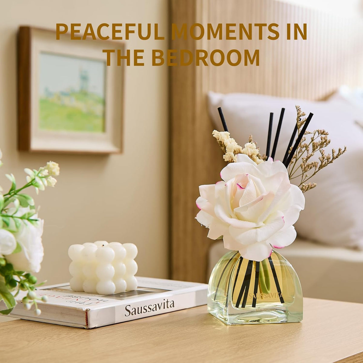 Reed Diffuser Set Jasmine Lily Scent 250ml for 140 Days | Flower Diffusers with 10 Sticks & Rose Flowers Decor, Home Fragrance Air Freshener Long Lasting for Bedroom Bathroom,Office