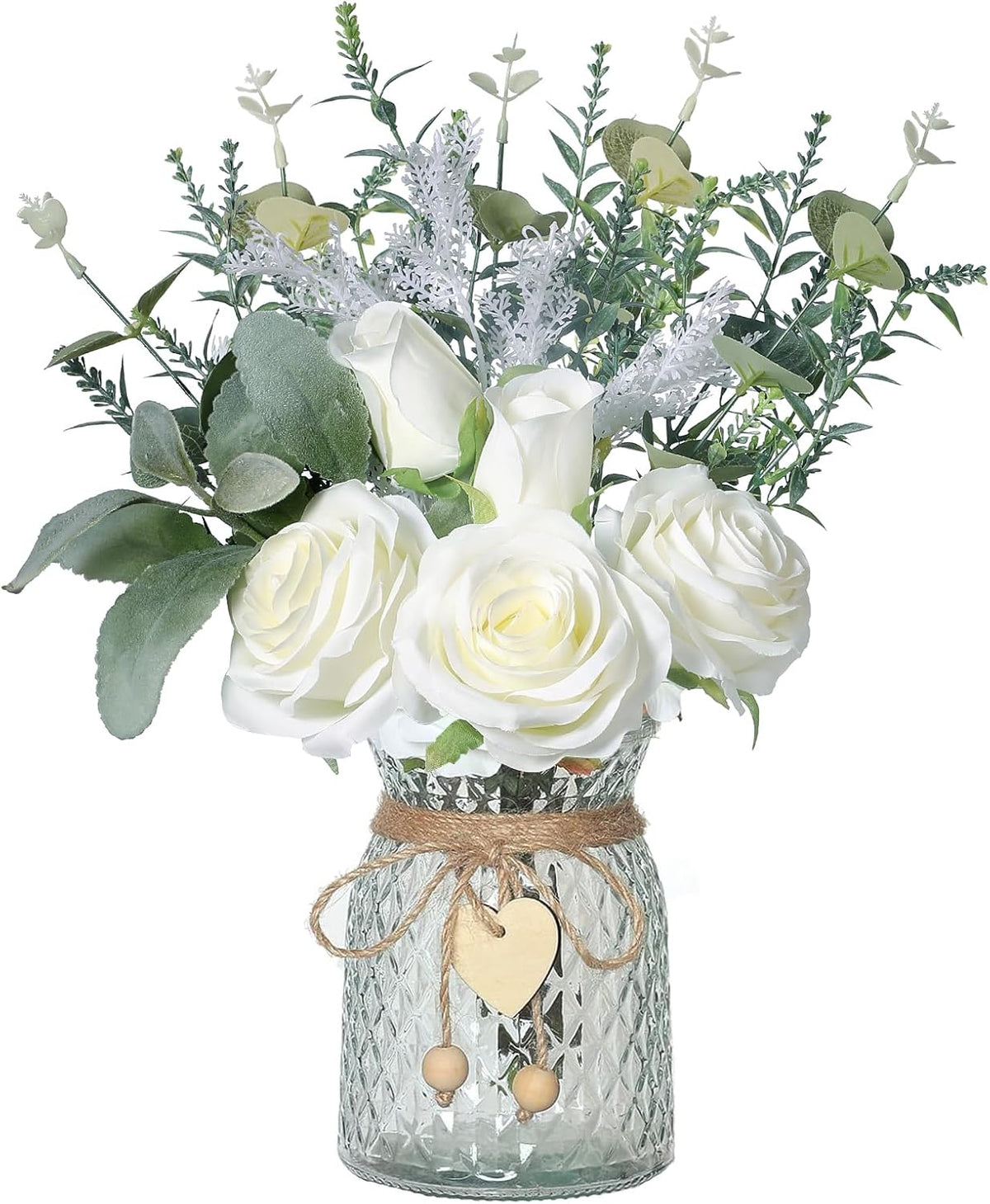 Faux Flowers with Vase Artificial White Rose Flowers in Vase Fake Eucalyptus Plant Floral Arrangement for Table Centerpieces, Home Kitchen Office Coffee Shop Decorations