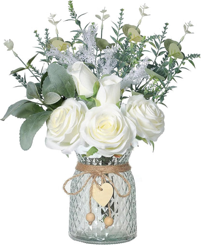 Faux Flowers with Vase Artificial White Rose Flowers in Vase Fake Eucalyptus Plant Floral Arrangement for Table Centerpieces, Home Kitchen Office Coffee Shop Decorations