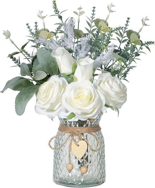 Faux Flowers with Vase Artificial White Rose Flowers in Vase Fake Eucalyptus Plant Floral Arrangement for Table Centerpieces, Home Kitchen Office Coffee Shop Decorations