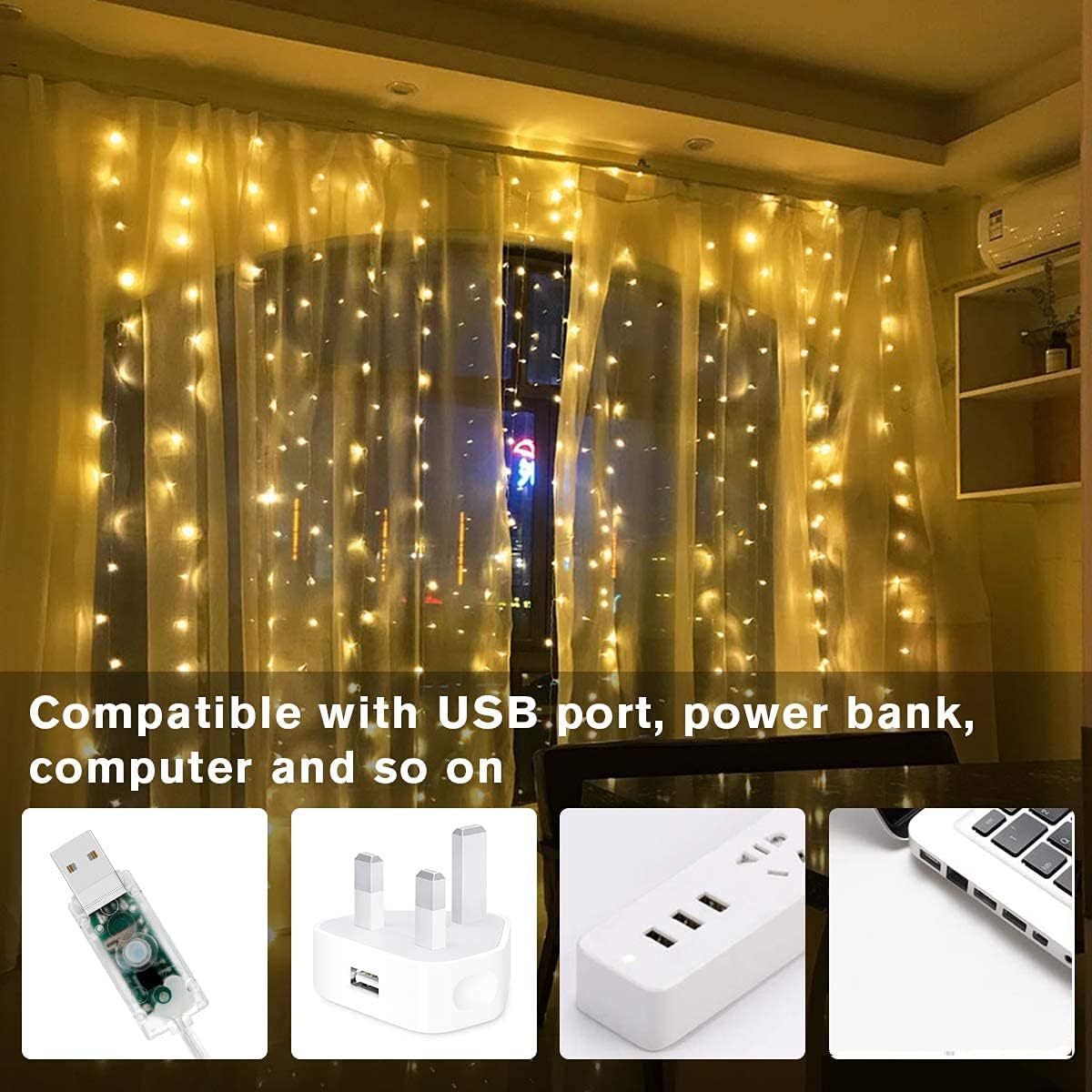 LED Window Curtain Fairy Twinkle Lights, 3mx3m 300leds USB Operated 8 Modes Icicle String Lights with Remote & Timer for Indoor Xmas Party Home Garden Decoration(Warm White) [Energy Class A++]