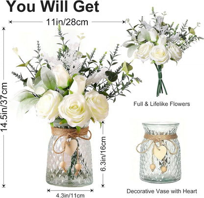 Faux Flowers with Vase Artificial White Rose Flowers in Vase Fake Eucalyptus Plant Floral Arrangement for Table Centerpieces, Home Kitchen Office Coffee Shop Decorations