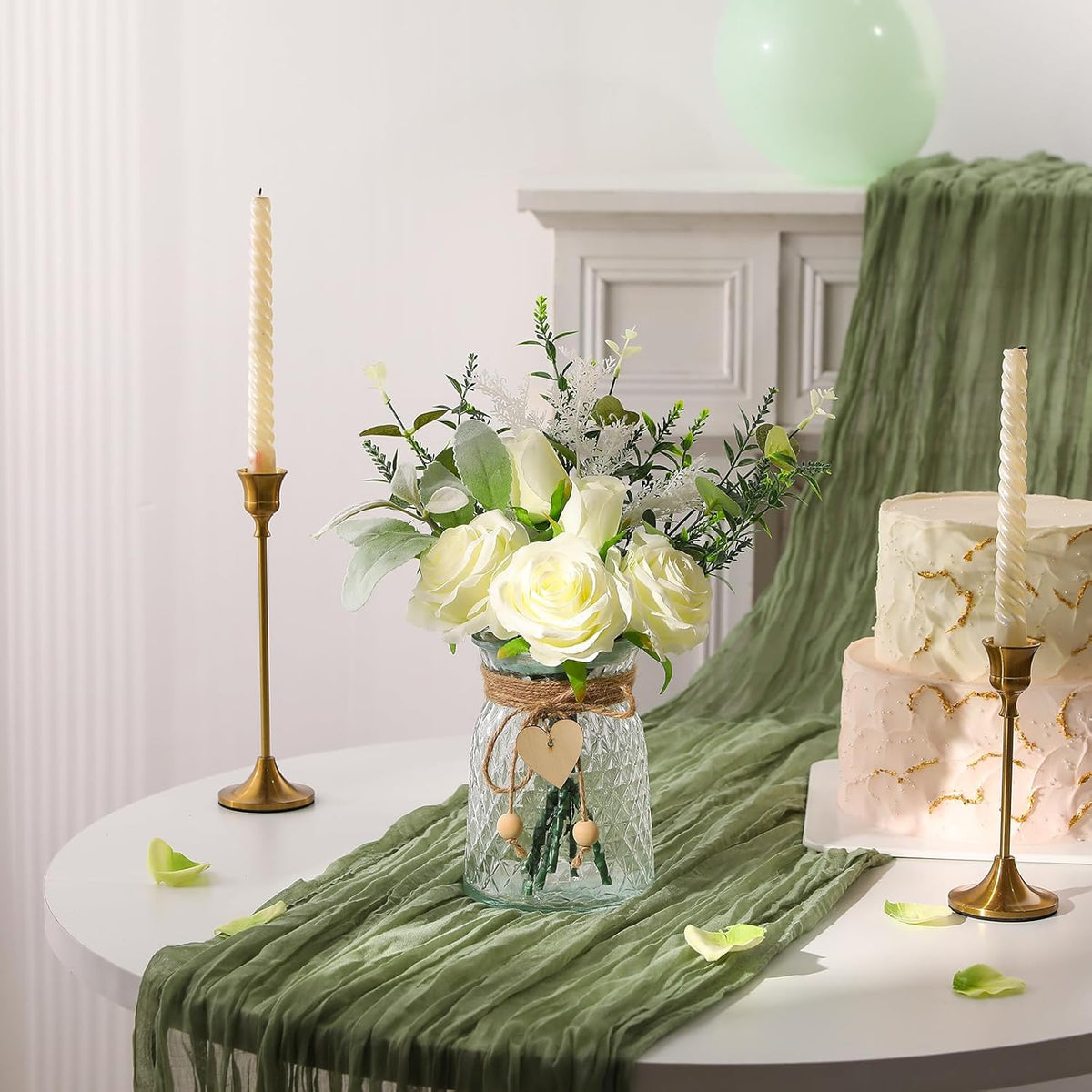 Faux Flowers with Vase Artificial White Rose Flowers in Vase Fake Eucalyptus Plant Floral Arrangement for Table Centerpieces, Home Kitchen Office Coffee Shop Decorations