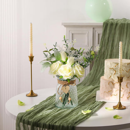 Faux Flowers with Vase Artificial White Rose Flowers in Vase Fake Eucalyptus Plant Floral Arrangement for Table Centerpieces, Home Kitchen Office Coffee Shop Decorations