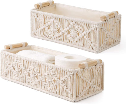 Mkono Macrame Storage Baskets Decor Box Handmade Woven Decorative Countertop Toilet Tank Shelf Cabinet Organizer Boho Decor for Bedroom Nursery Livingroom, Set of 2