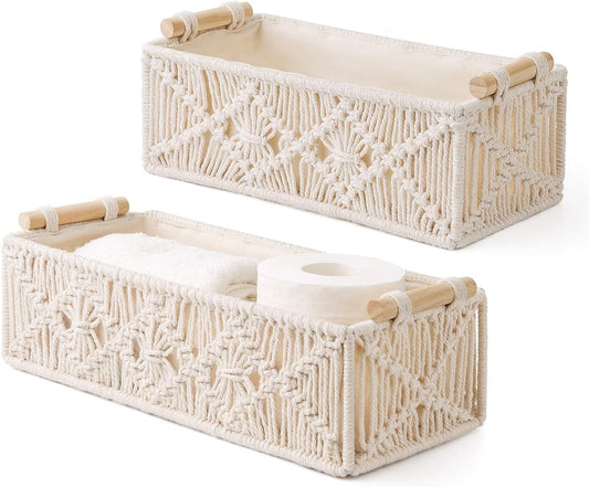 Mkono Macrame Storage Baskets Decor Box Handmade Woven Decorative Countertop Toilet Tank Shelf Cabinet Organizer Boho Decor for Bedroom Nursery Livingroom, Set of 2