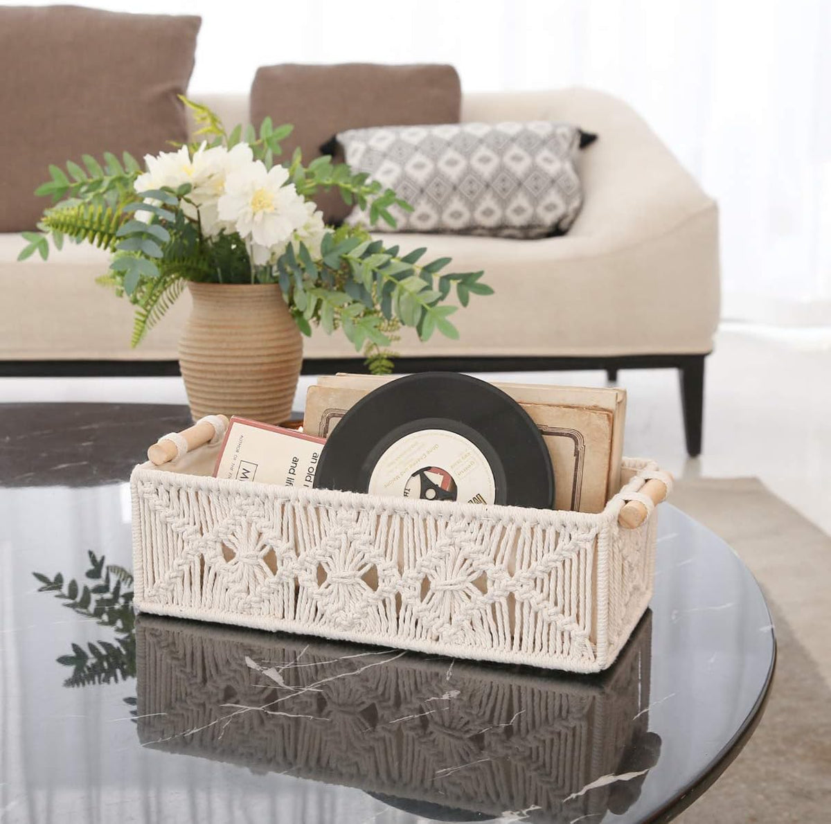 Mkono Macrame Storage Baskets Decor Box Handmade Woven Decorative Countertop Toilet Tank Shelf Cabinet Organizer Boho Decor for Bedroom Nursery Livingroom, Set of 2