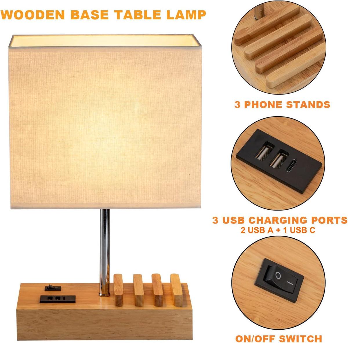 USB Bedside Table Lamp, HHome Plus Desk Lamp with 3 USB Charging Ports and Phone Charge Dock, Wood Charging Station and Organizer, Perfect Light for Bedroom, Guest Room, Living Room, Office