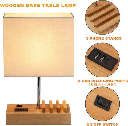 USB Bedside Table Lamp, HHome Plus Desk Lamp with 3 USB Charging Ports and Phone Charge Dock, Wood Charging Station and Organizer, Perfect Light for Bedroom, Guest Room, Living Room, Office