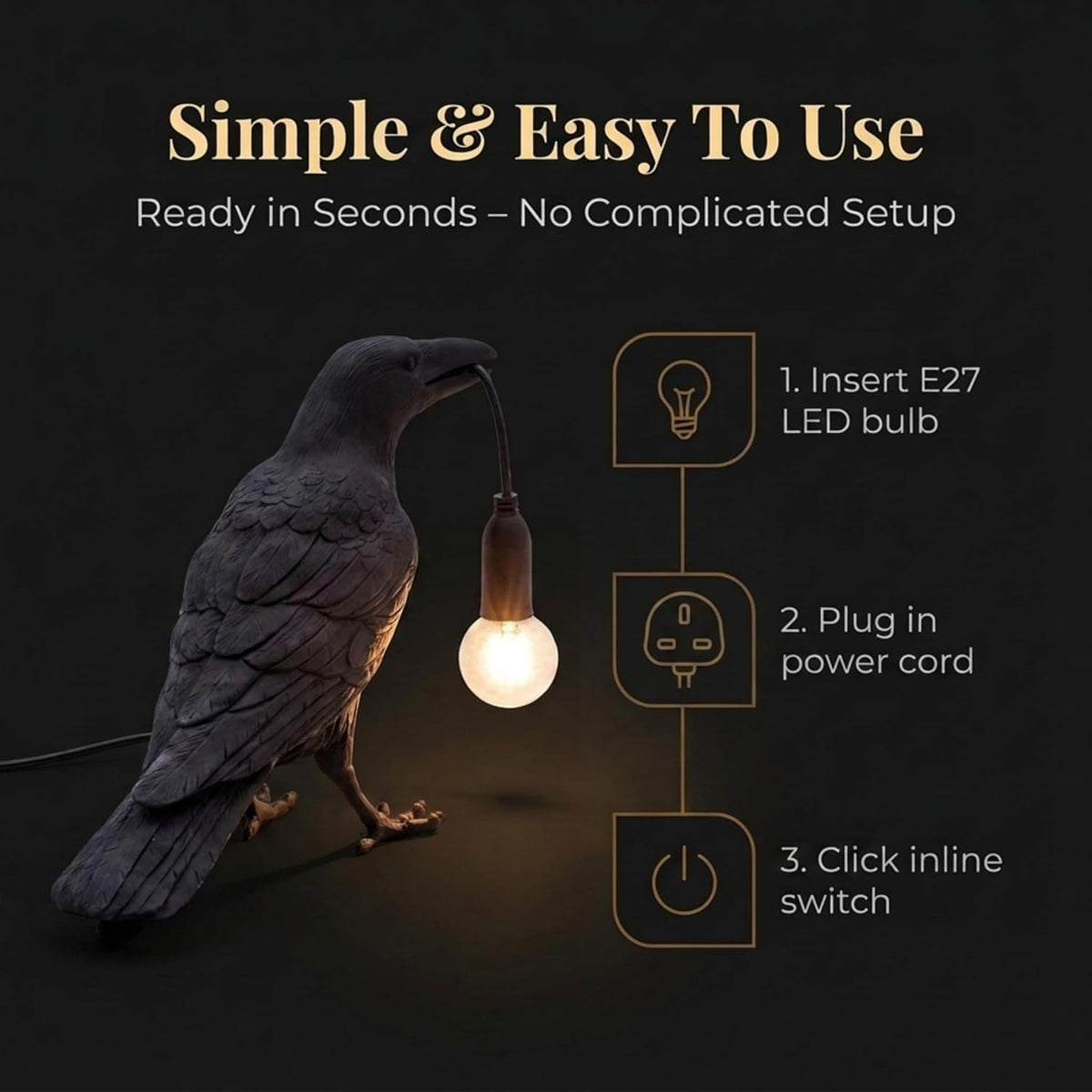 Black Bird Table Lamps Resin Crow Desk Lamp with Bulb E27 Base Modern Raven Art Deco Bedside Decor 3 Pin Plug in Cord Table Lamps for Bedroom, Office, College Dorm [Energy Class A]