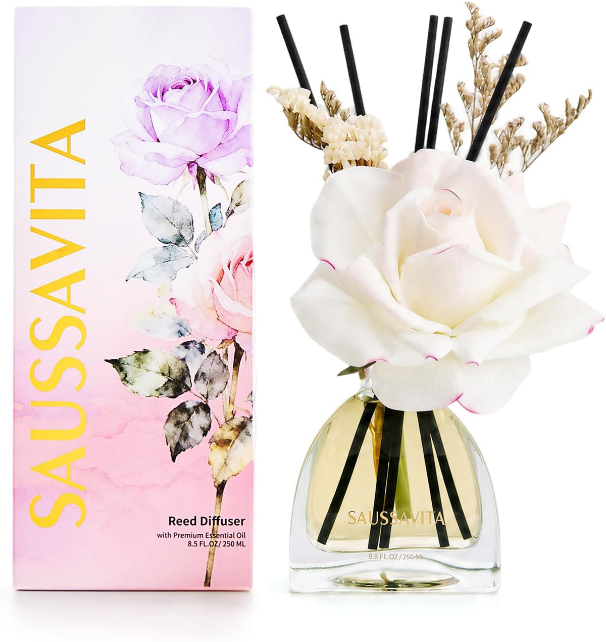 Reed Diffuser Set Jasmine Lily Scent 250ml for 140 Days | Flower Diffusers with 10 Sticks & Rose Flowers Decor, Home Fragrance Air Freshener Long Lasting for Bedroom Bathroom,Office