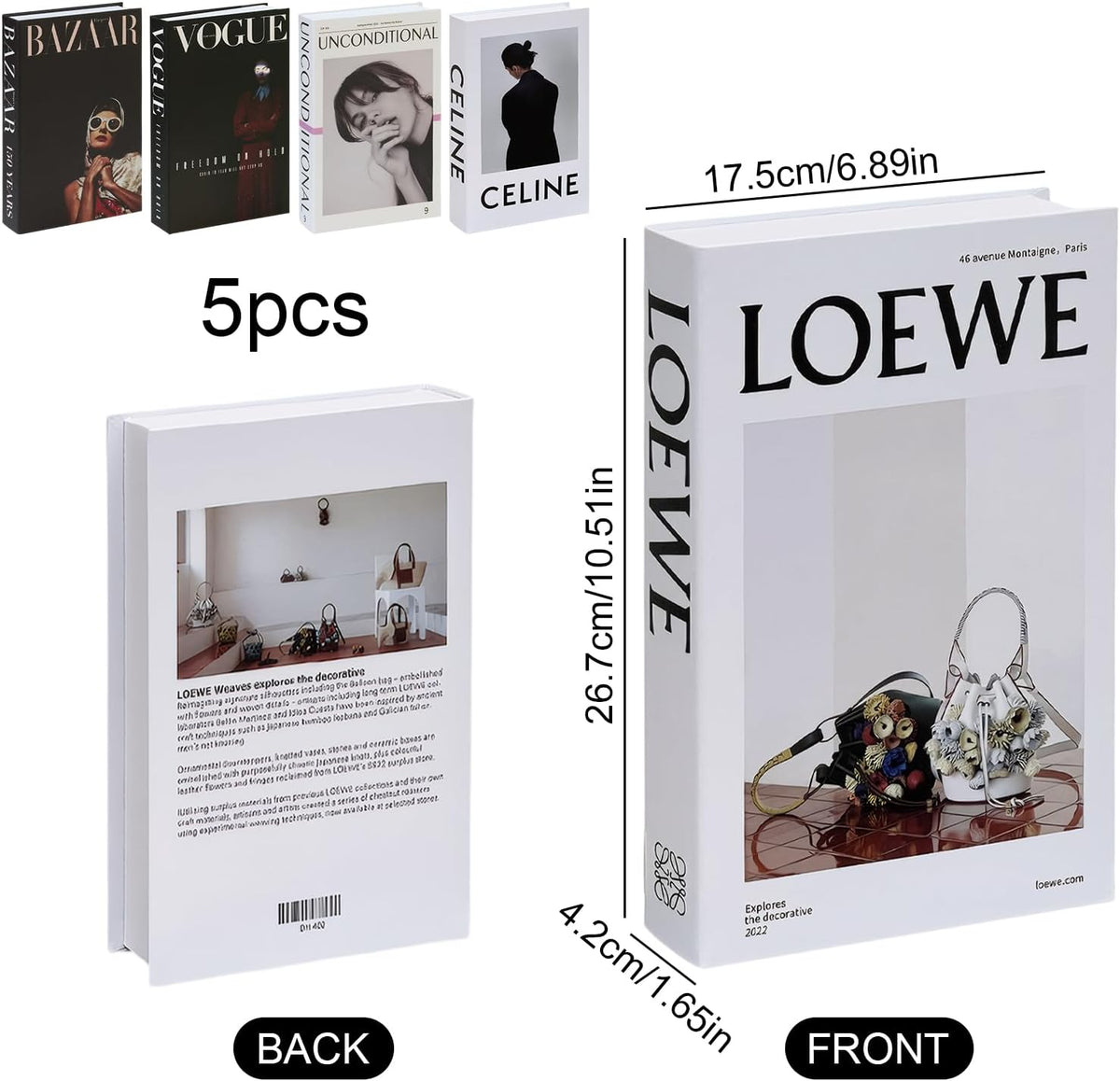 5 PCS Decorative Fake Books Set, Fashion Hardcover Display Books for Home Décor - Foldable Faux Book for Coffee Table, Bookshelf, Office - Stacked Modern Decorative Book Set (B)