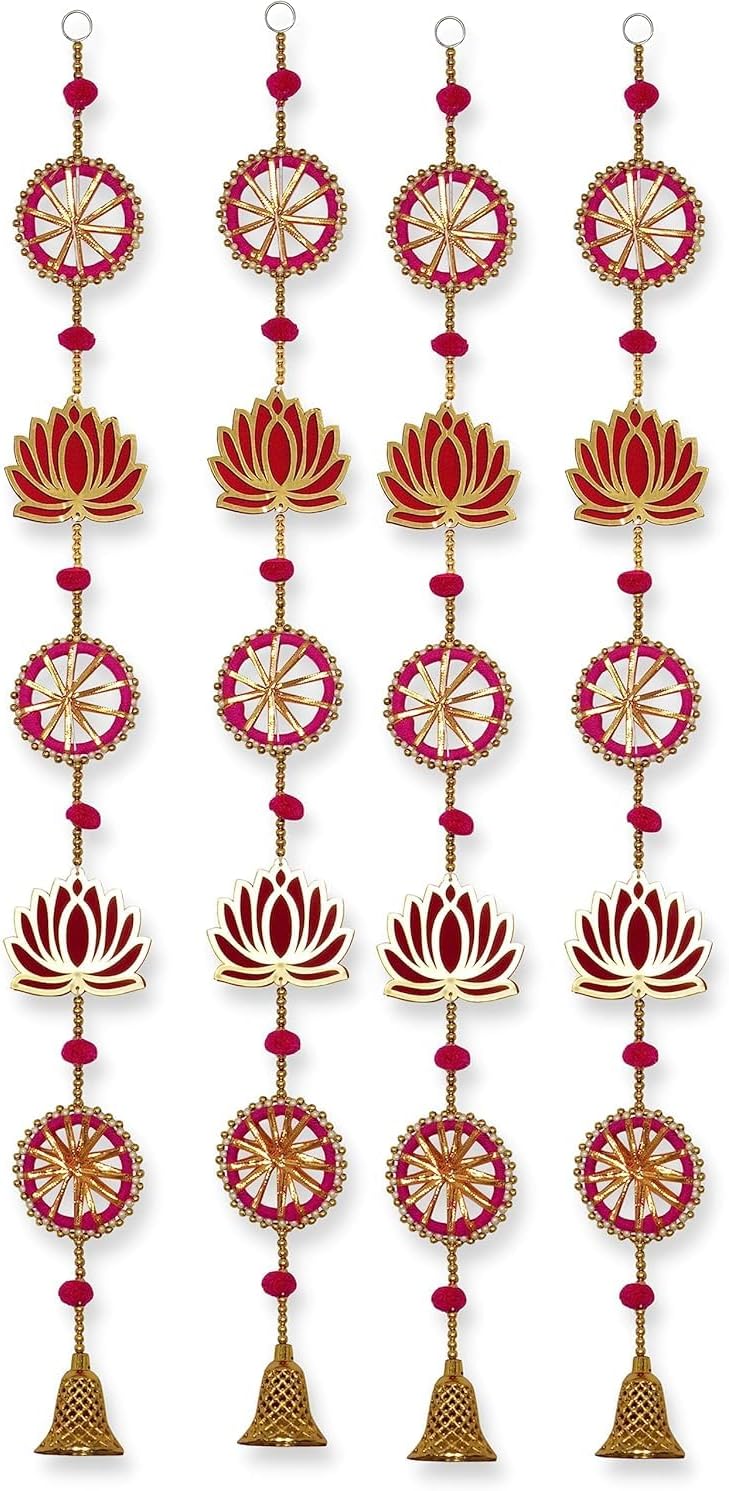 ZIG ZAG Pack of 4 Handmade Lotus Wall & Door Hangings with Bell –, Ideal for Home, Diwali, Pooja, Wedding & Festival Decor (36 Inches, Pink)