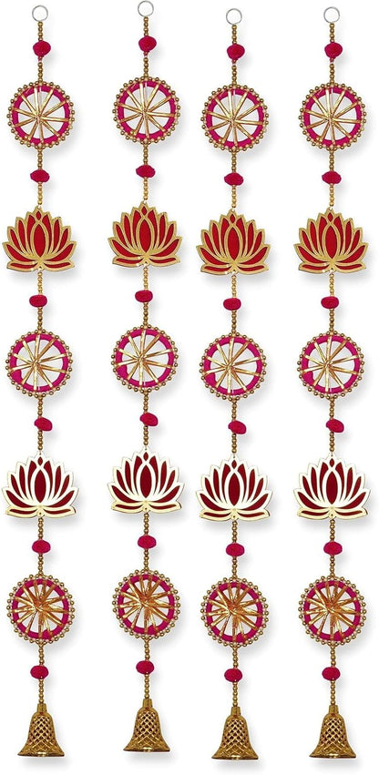 ZIG ZAG Pack of 4 Handmade Lotus Wall & Door Hangings with Bell –, Ideal for Home, Diwali, Pooja, Wedding & Festival Decor (36 Inches, Pink)
