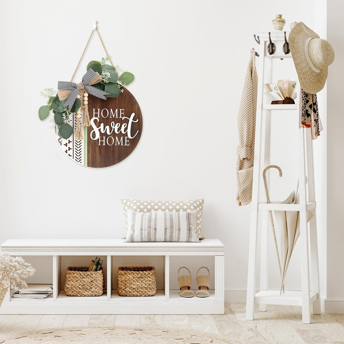 CHDITB 3D Welcome Sign Front Door Wreath Porch Decor Wooden Home Sweet Home Boho Outdoor Sign Hanging, Farmhouse Aztec Wall Sign with Artificial Leaves&Beads Front Door Decorations Outside All Year