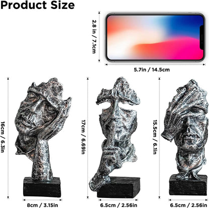 3 Pcs Thinker Statue, Silent Abstract Art Figurine, Modern Home Resin Decor for Desk/Bookshelf, No Hear No See No Speak Knick Knacks