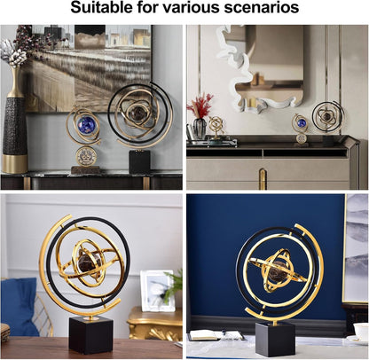 Modern Sculpture Decor, Abstract Art Metal Globe Ornament for Desk Office | Rotating Desktop Globe for Geographic Home Table Decoration Adult Decorative Book Shelf with Rectangle Stand, Black & Gold