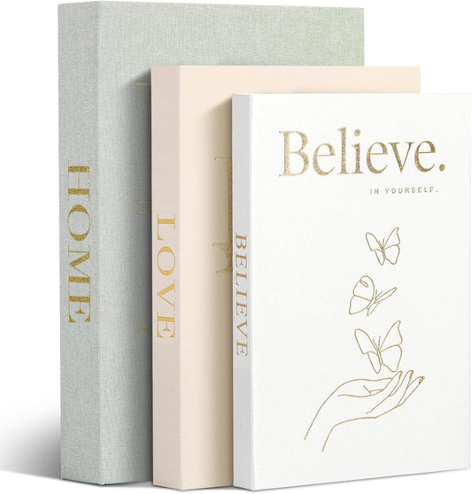 3Pcs Decorative Books with Magnetic Linen for Home Decor | Hidden Magnetic, Linen Cover, Gold Foil, 3 Sizes, Stacked Faux Books for Bookshelf Coffee Tables