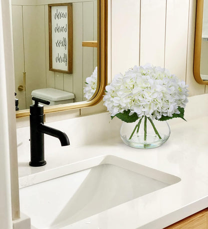 Oairse Hydrangea Artificial Flowers with Vase Silk Fake Hydrangea Flower in Glass Vase with Faux Water Real Touch White Faux Flower Arrangement for Home Bathroom Wedding Table Centerpiece Decoration