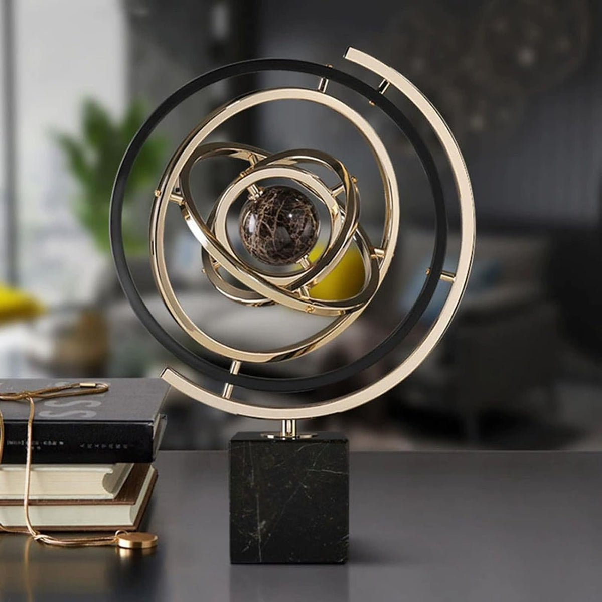Modern Sculpture Decor, Abstract Art Metal Globe Ornament for Desk Office | Rotating Desktop Globe for Geographic Home Table Decoration Adult Decorative Book Shelf with Rectangle Stand, Black & Gold