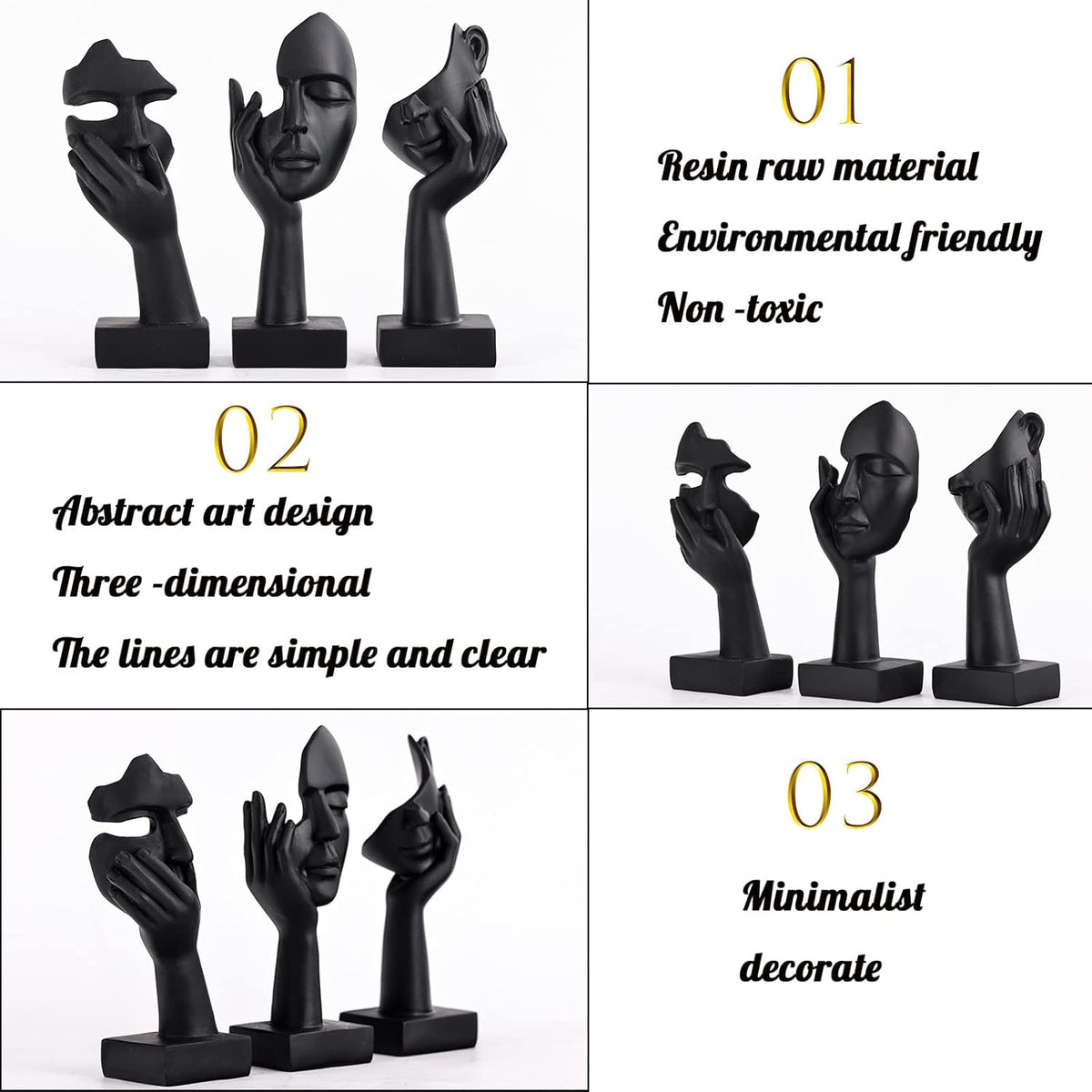 Black Home Decoration Accent Art Woman Face Statue Collectible Statue for Modern Home Living Room Bookshelf Black Desk Decor 3 Piece Set