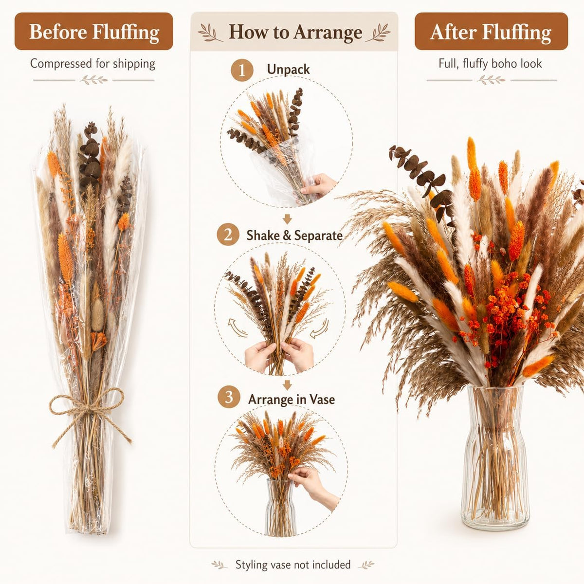 80pcs Dried Pampas Grass Bouquet Rustic Boho Floral Arrangement with Orange Accents Fall Wedding and Home Decor for Living Room Bedroom Office(17inch)