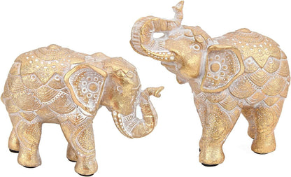 Smadeer Set of 2 Gold Elephant Ornaments for Home Decor - Trunk Up Statues for Luck & Prosperity - Resin African Elephant Figurines for Shelf & Sideboard - Anti-Scratch Soft Pads - Gift for Her