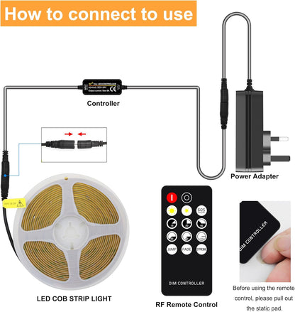 AXMOTUT COB LED Strip Lights 5m, 4000K Natural White Dimmable LED Strip, 1600 LEDs Super Bright DC24V LED Light Strip CRI90+ with RF Remote and UKCA Power Supply for DIY Home Decoration [Energy Class F]