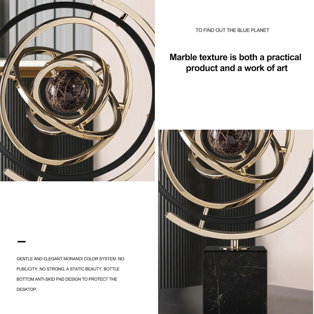 Modern Sculpture Decor, Abstract Art Metal Globe Ornament for Desk Office | Rotating Desktop Globe for Geographic Home Table Decoration Adult Decorative Book Shelf with Rectangle Stand, Black & Gold