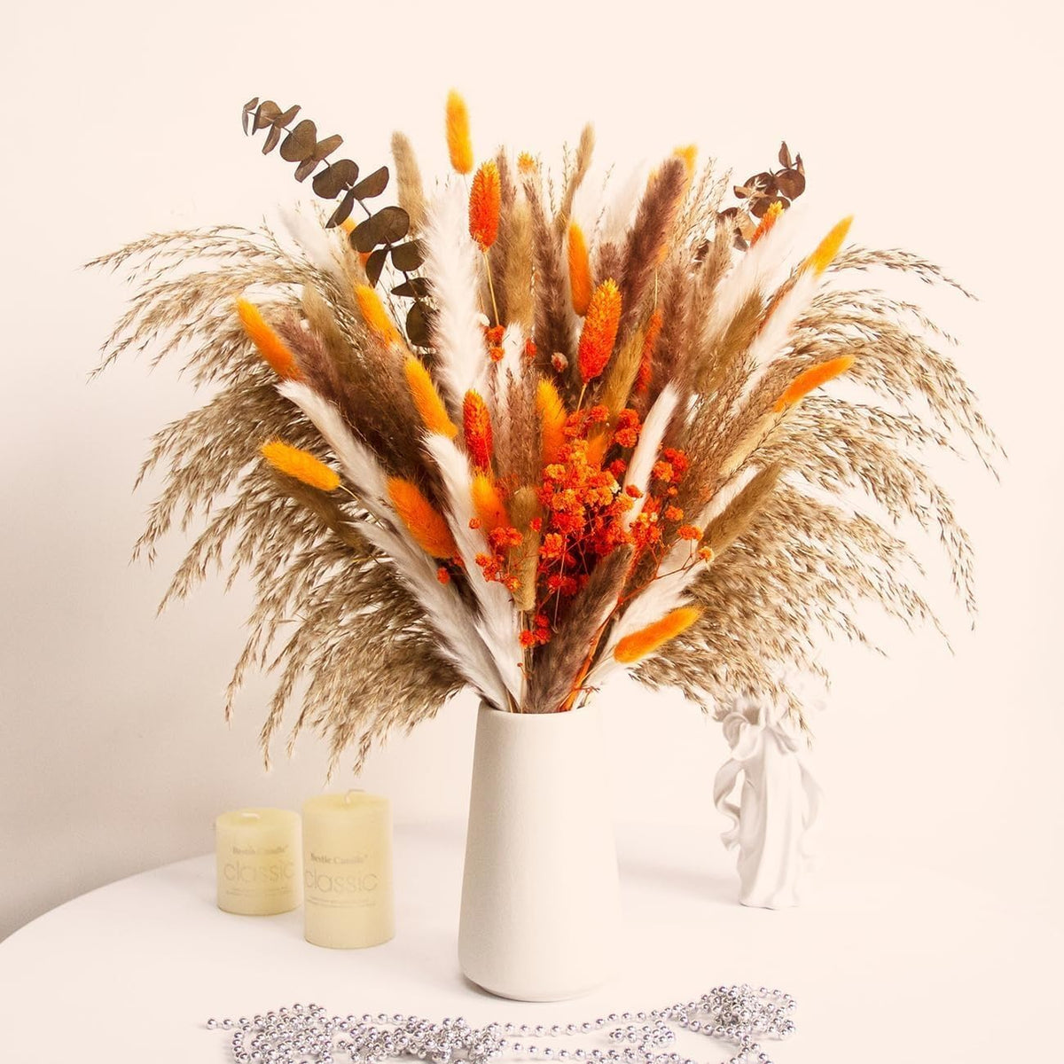 80pcs Dried Pampas Grass Bouquet Rustic Boho Floral Arrangement with Orange Accents Fall Wedding and Home Decor for Living Room Bedroom Office(17inch)