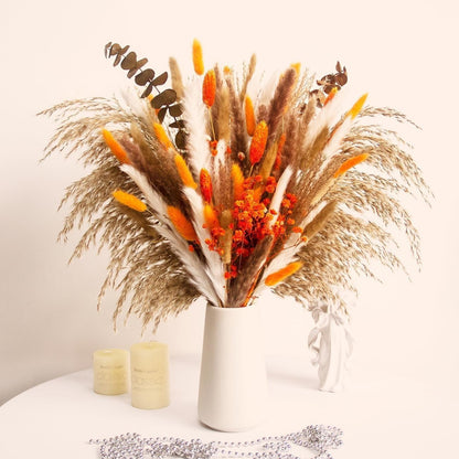 80pcs Dried Pampas Grass Bouquet Rustic Boho Floral Arrangement with Orange Accents Fall Wedding and Home Decor for Living Room Bedroom Office(17inch)