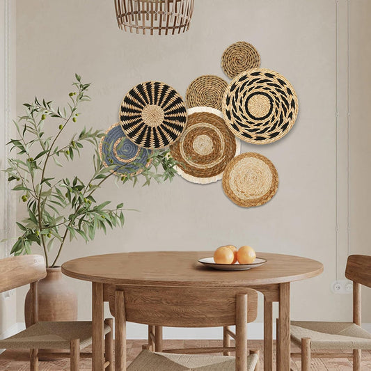 Alongen Boho Wall Basket Decor Set of 7, Wall Hanging Wicker Basket Rattan Wall Decor Round,Handmade Macrame Hanging Woven Baskets for Living Room Bedroom Dining Room Office