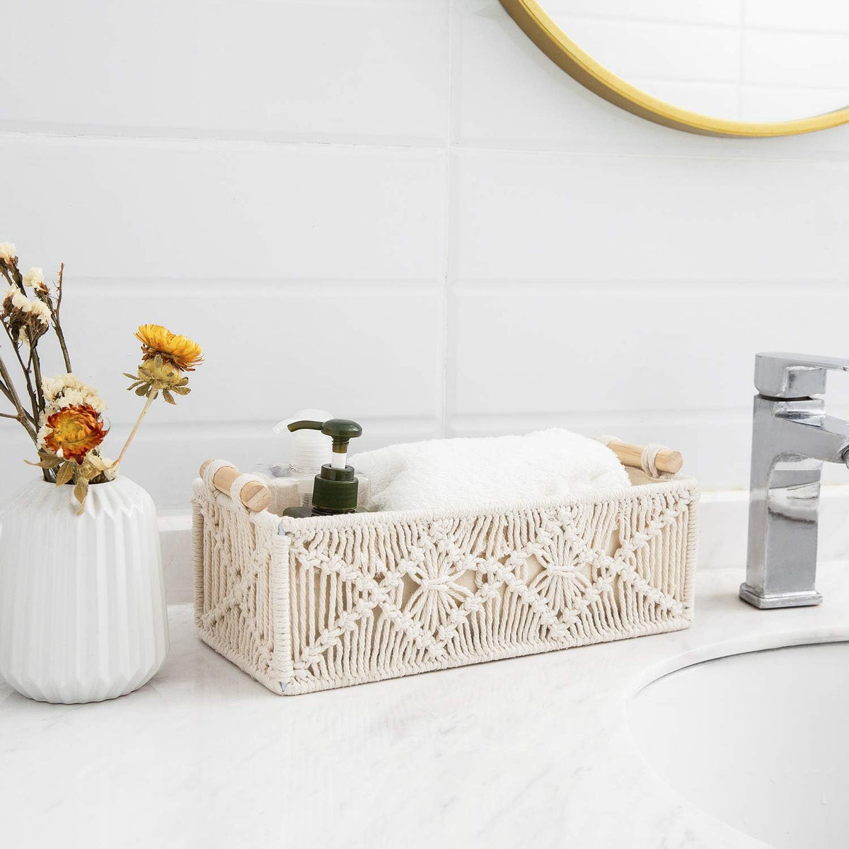 Mkono Macrame Storage Baskets Decor Box Handmade Woven Decorative Countertop Toilet Tank Shelf Cabinet Organizer Boho Decor for Bedroom Nursery Livingroom, Set of 2