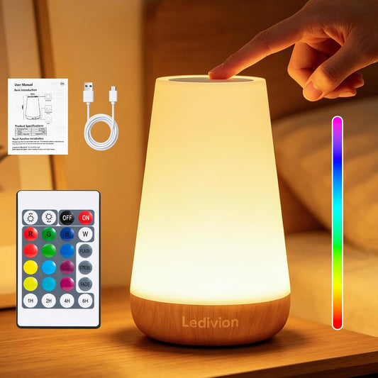 Ledivion Night Light, LED Touch Bedside Table Lamp, RGB Colours Changing, 5 Brightness Level, Timing Function, Dimmable Rechargable Remote Control Light for Bedroom, Living Room [Energy Class F]