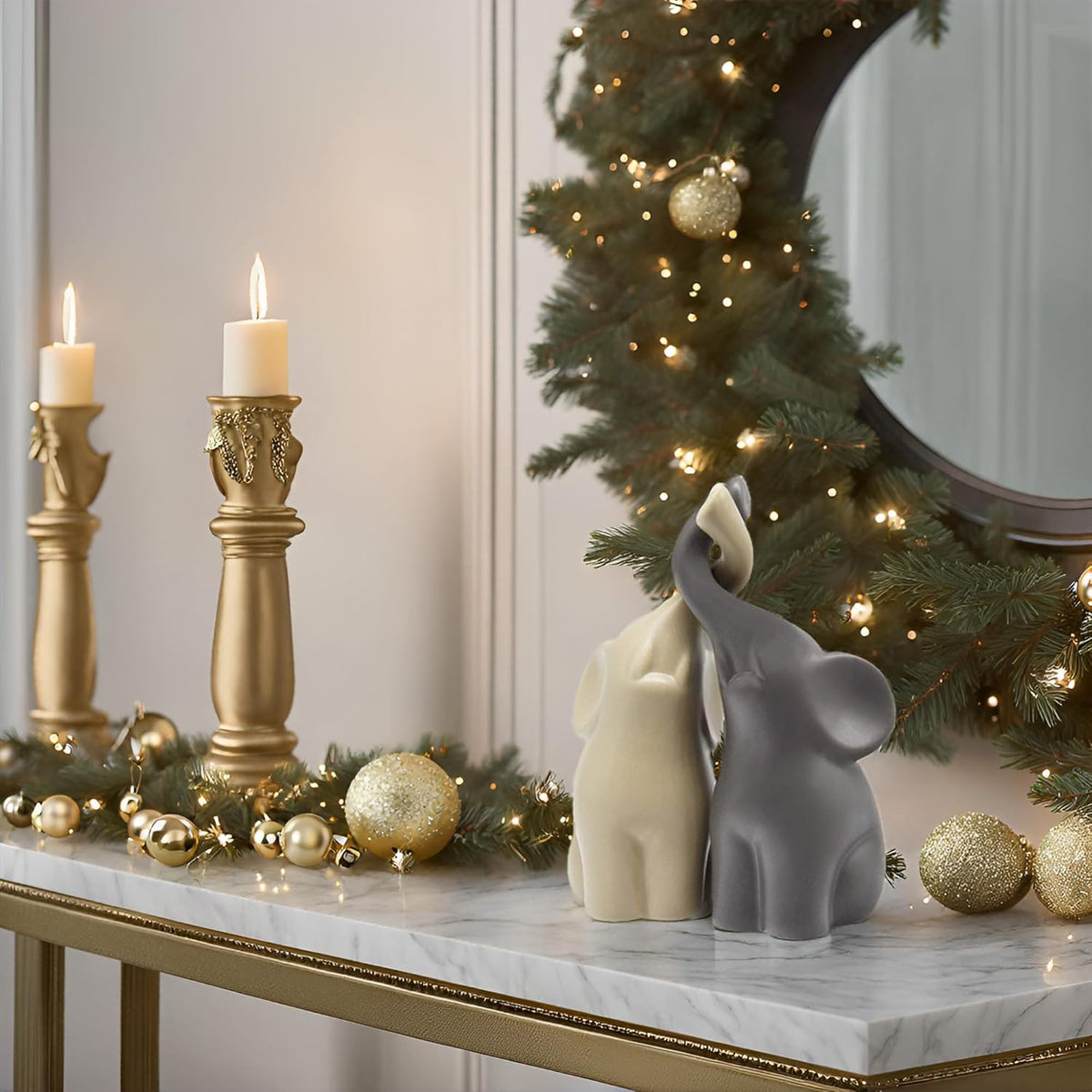 FeinKnick Harmonious Ceramic Elephant Couple in Beige & Grey – Modern Sculpture as a Pair of Two Individual Elephants – Decorative Figure 16 cm High – Elephant as a Gift