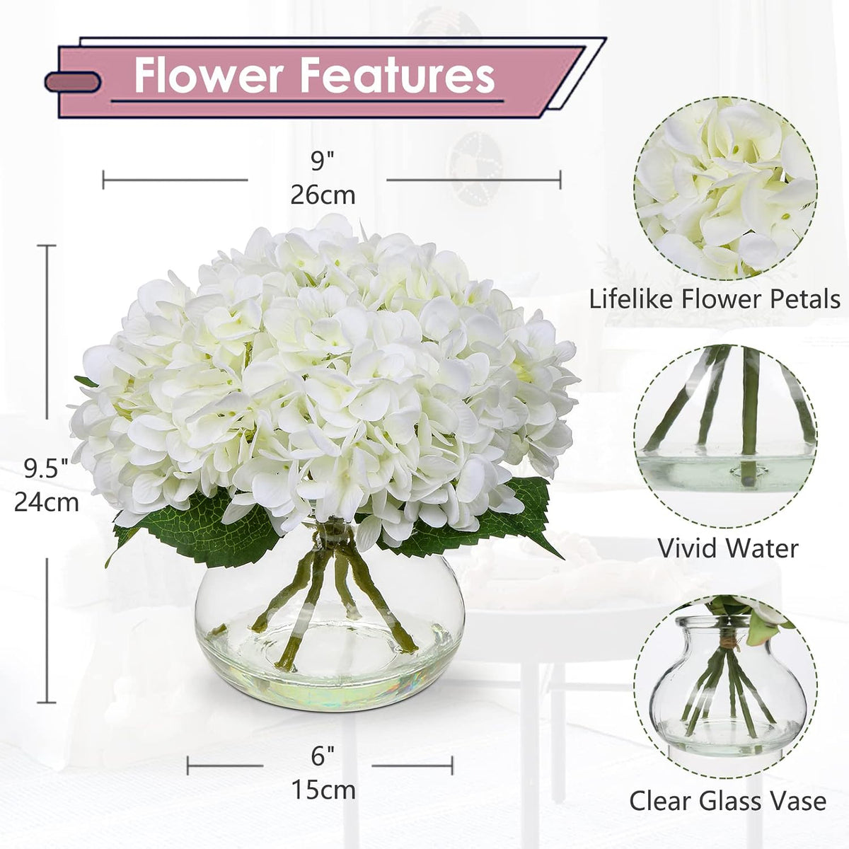 Oairse Hydrangea Artificial Flowers with Vase Silk Fake Hydrangea Flower in Glass Vase with Faux Water Real Touch White Faux Flower Arrangement for Home Bathroom Wedding Table Centerpiece Decoration