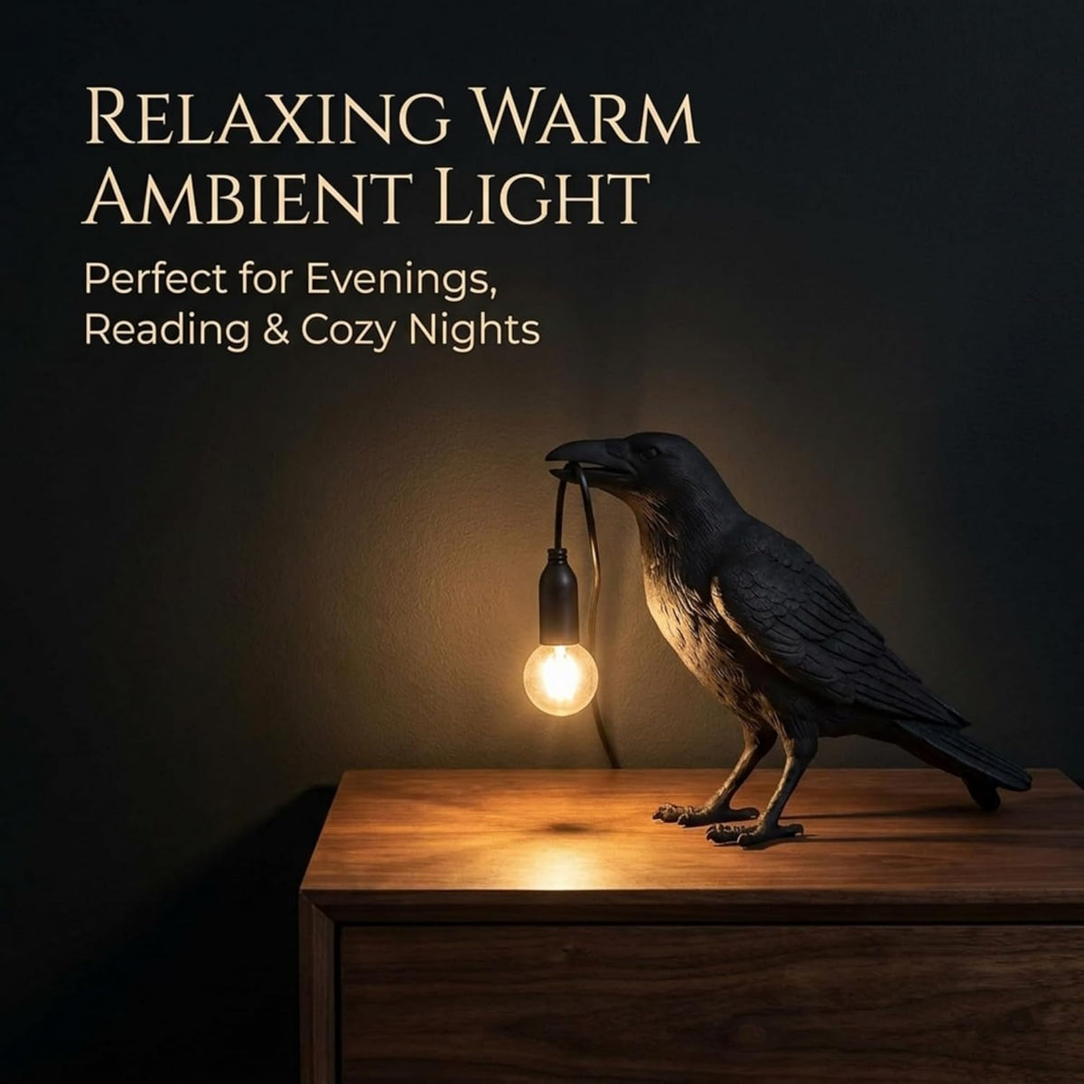 Black Bird Table Lamps Resin Crow Desk Lamp with Bulb E27 Base Modern Raven Art Deco Bedside Decor 3 Pin Plug in Cord Table Lamps for Bedroom, Office, College Dorm [Energy Class A]