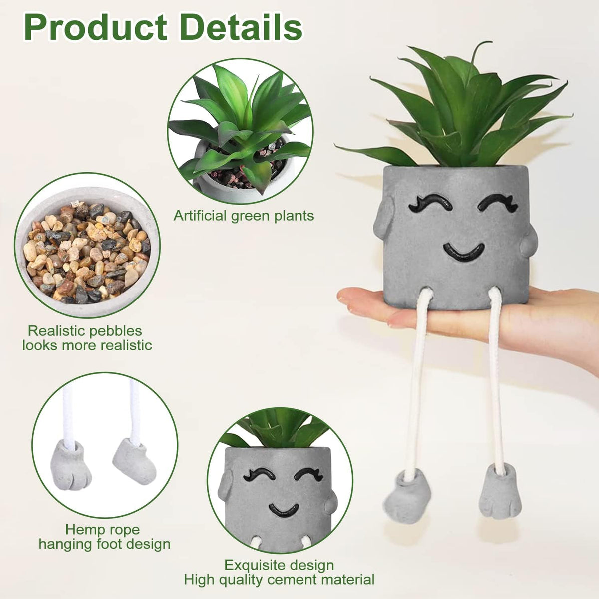Funvalley Surperfect 2 Pack Cute Artificial Potted Plant Fake Plants Potted with Hanging Leg, Emotional Cement Faux Succulents Potted Plants Decor for Home Office Bookshelf Bathroom Shelf Table Desk