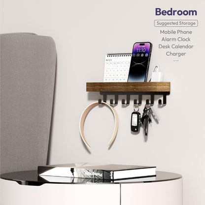Key Holder with Wood Tray and 6 Hooks