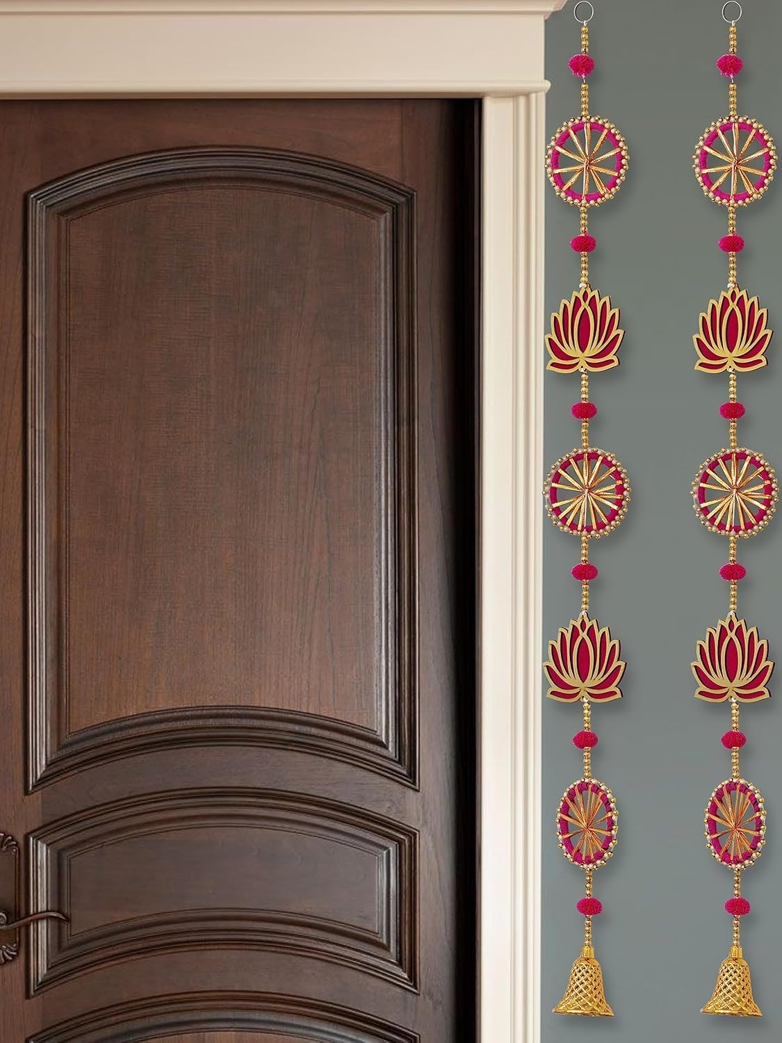 ZIG ZAG Pack of 4 Handmade Lotus Wall & Door Hangings with Bell –, Ideal for Home, Diwali, Pooja, Wedding & Festival Decor (36 Inches, Pink)