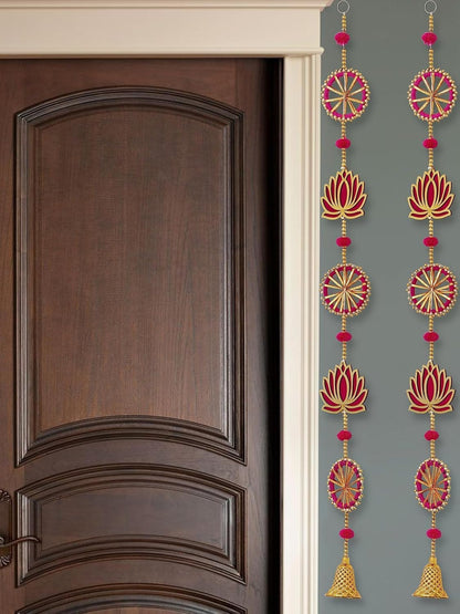 ZIG ZAG Pack of 4 Handmade Lotus Wall & Door Hangings with Bell –, Ideal for Home, Diwali, Pooja, Wedding & Festival Decor (36 Inches, Pink)