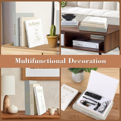 3Pcs Decorative Books with Magnetic Linen for Home Decor | Hidden Magnetic, Linen Cover, Gold Foil, 3 Sizes, Stacked Faux Books for Bookshelf Coffee Tables