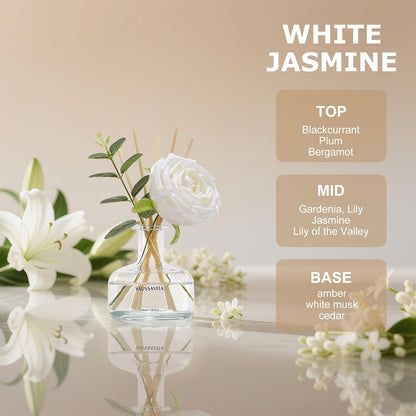 Reed Diffusers Set, 210 ml White Flower Scented Lasts up to 120 Days | Flower Diffuser with 7 Sticks, Home Fragrance for Bathroom Bedroom Living Room Decor, Air Fresheners