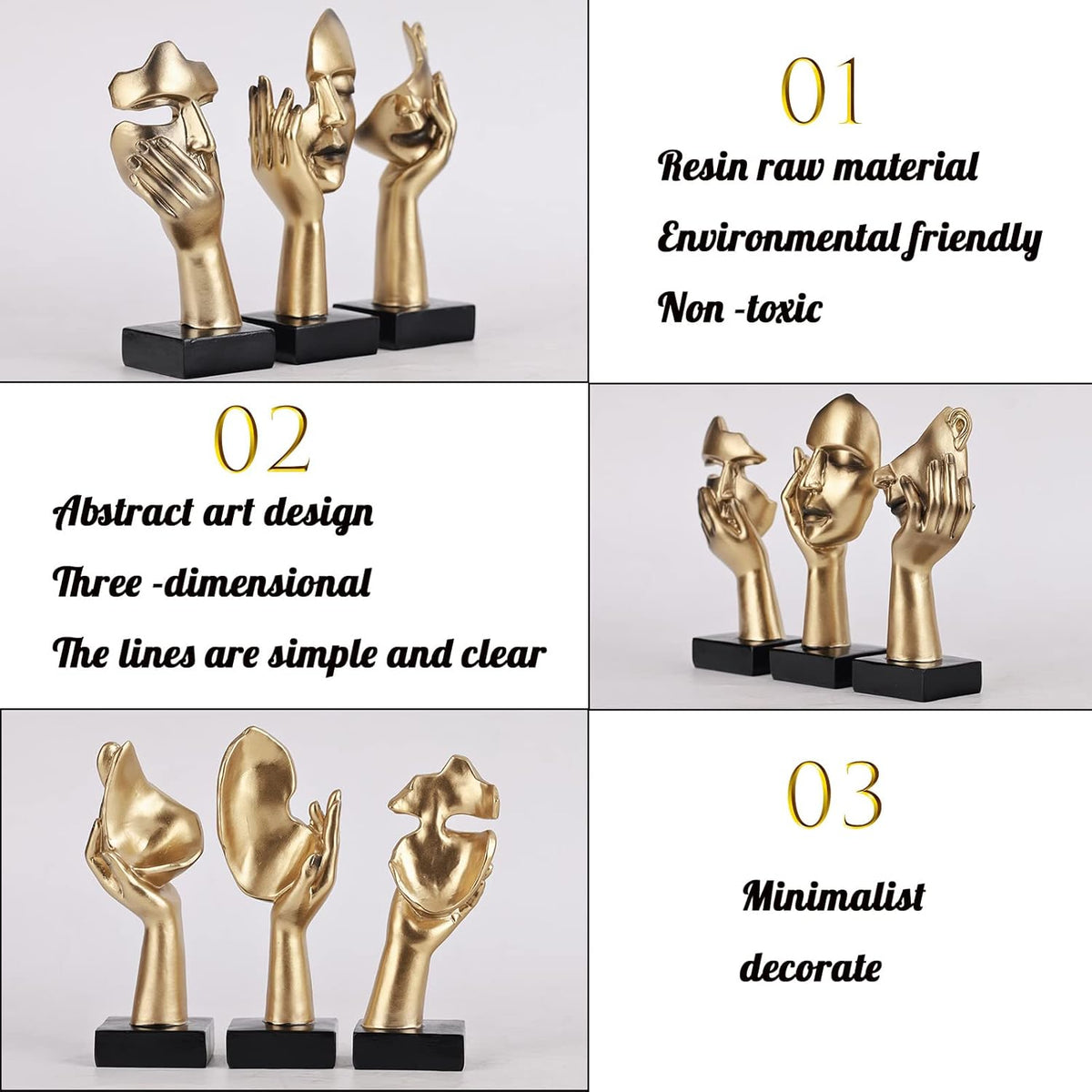 3 PCS Thinker Statue, Golden Black Abstract Art Sculpture Modern Home Decoration Desktop Decoration Christmas New Year Gift (3 Pcs Gold)