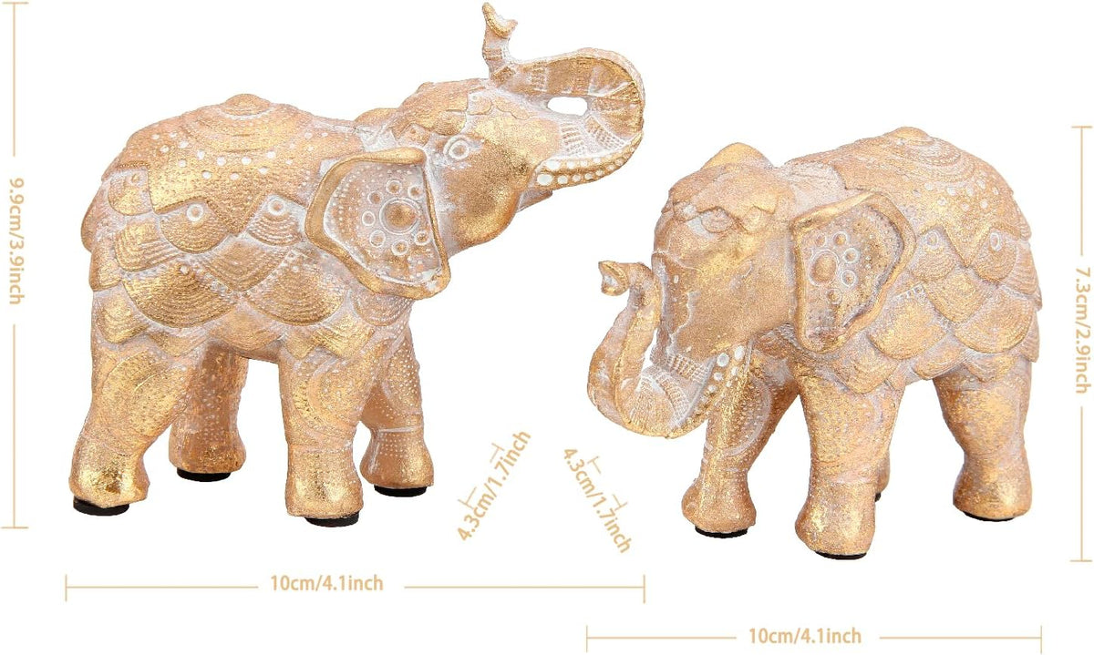 Smadeer Set of 2 Gold Elephant Ornaments for Home Decor - Trunk Up Statues for Luck & Prosperity - Resin African Elephant Figurines for Shelf & Sideboard - Anti-Scratch Soft Pads - Gift for Her