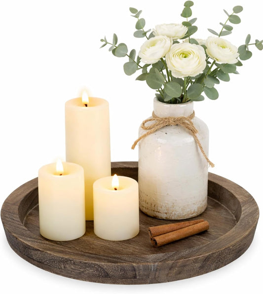 Hanobe Wooden Candle Holder Tray Round Decorative Trays for Coffee Table | Farmhouse Decor, Rustic Candle Plate for Pillar Candle, Paulownia Wood Tray for Table Centrepiece
